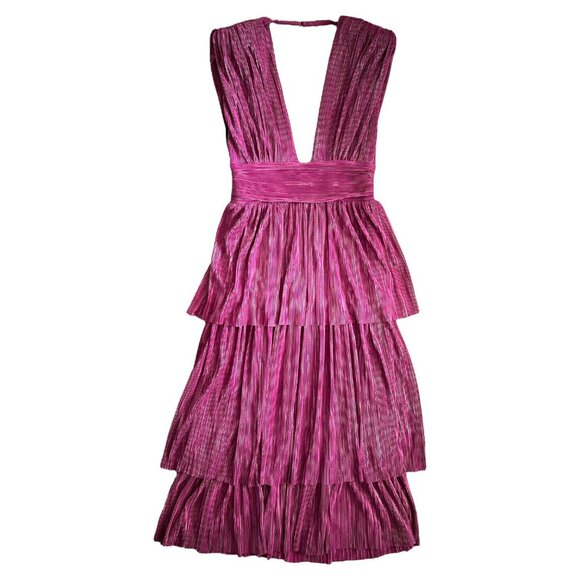 Sabina Musayev Judith Metallic Plunge Neck Pleated Layered Gown Purple Size XL - Picture 3 of 16